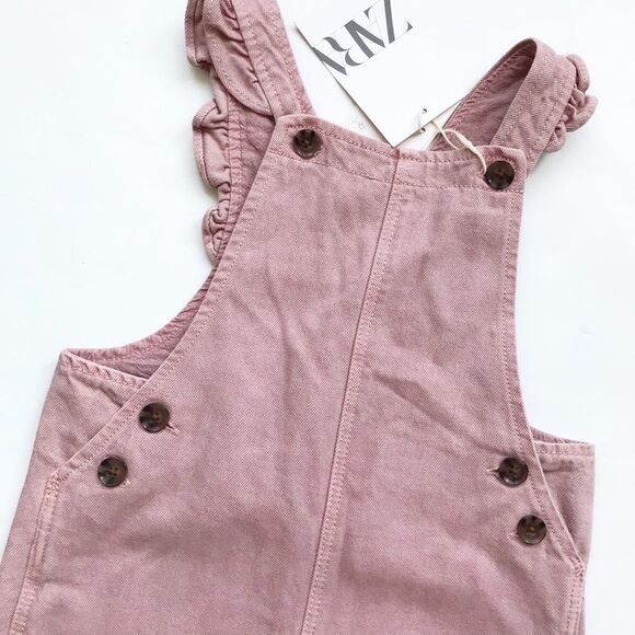 Zara NWT dusty rose denim ruffle overalls 12-18 months - Picture 2 of 5